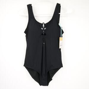 NWT Kona Sol Black Ribbed One-Piece Swimsuit Swim Ribbed Lace Up Size XS